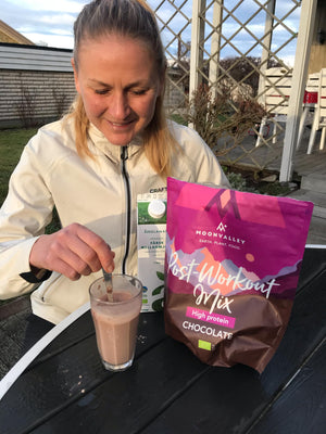 Ida Nilsson likes to mix her vegan post-workout mix with milk; you can drink it warm, too.