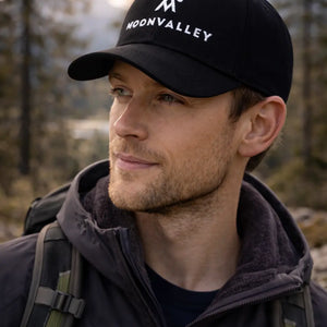 Man wearing a black cap with 'Moonvalley' logo in a forest setting