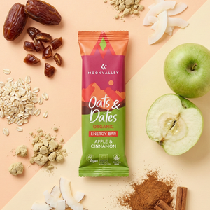 Organic Apple & Cinnamon energy bar with fresh apple, cinnamon, oats, and dates.