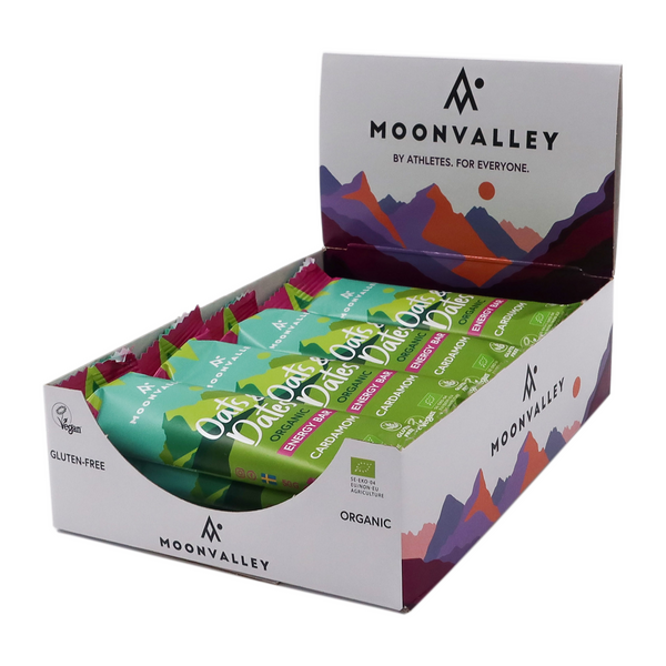 Display box containing 12-pack of Moonvalley Cardamom energy bars.