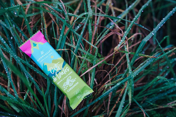 Moonvalley Cardamom energy bar lying in dew-covered grass.