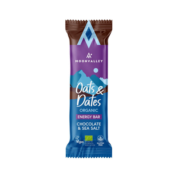 A single Moonvalley Chocolate & Sea Salt energy bar.