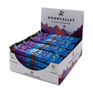 Display box containing 12-pack of Moonvalley Chocolate & Sea Salt energy bars.