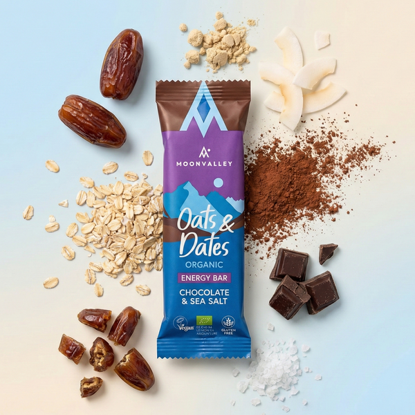 Organic Chocolate & Sea Salt energy bar surrounded by ingredients like dates, oats, cocoa, and sea salt.