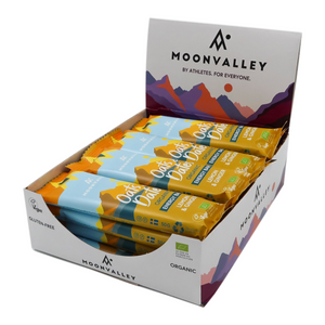 Display box containing 12-pack of Moonvalley Lemon & Ginger energy bars.