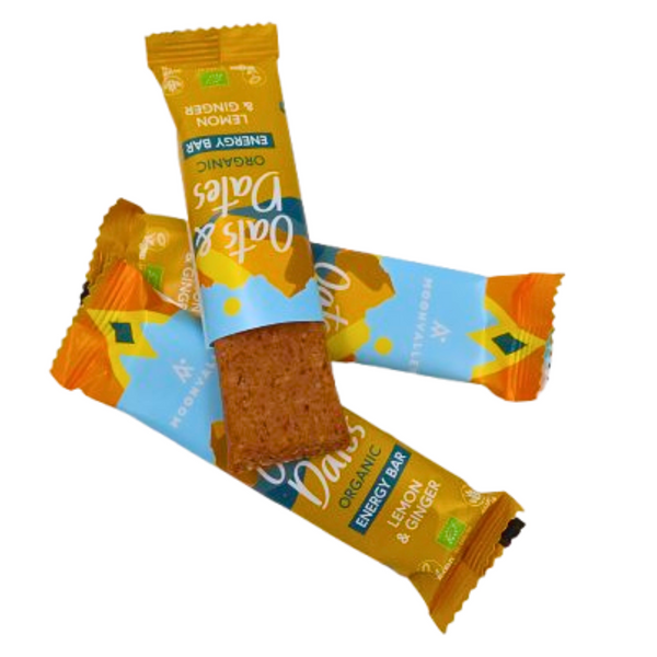 Stack of Moonvalley Lemon & Ginger energy bars.