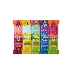 All Moonvalley Oats & Dates organic energy bar flavors lined up together.