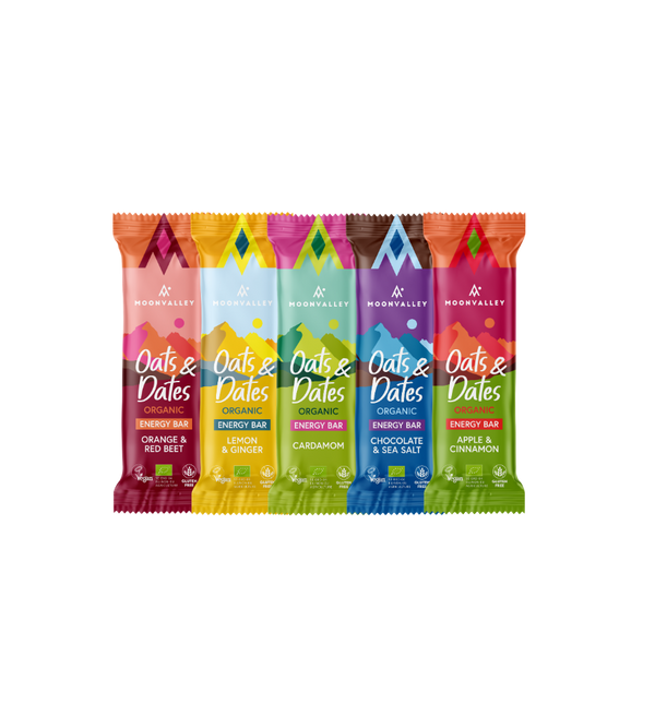 All Moonvalley Oats & Dates organic energy bar flavors lined up together.