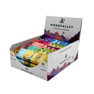 Display box containing 15-pack of assorted Moonvalley organic energy bars.