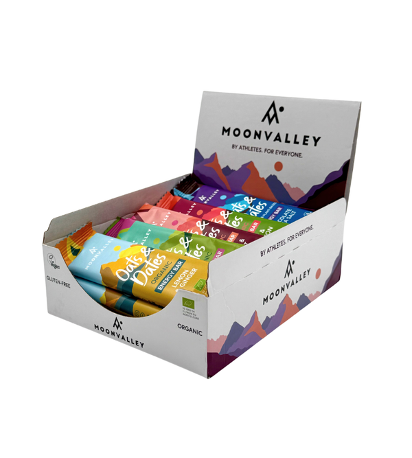 Display box containing 15-pack of assorted Moonvalley organic energy bars.