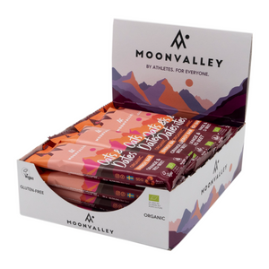 Display box containing 12-pack of Moonvalley Orange & Red Beet energy bars.