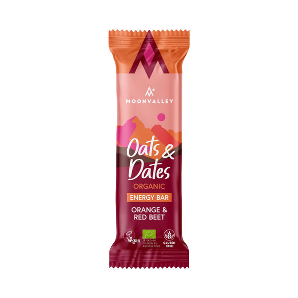 A single Moonvalley Orange & Red Beet energy bar.