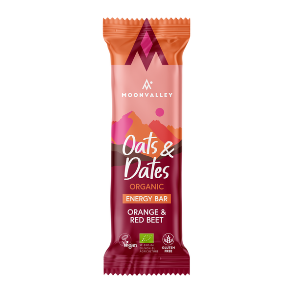 A single Moonvalley Orange & Red Beet energy bar.
