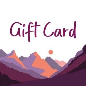 A greeting card with a mountainous landscape and a sun above the mountains, with the text 'GIFT CARD' prominently displayed.