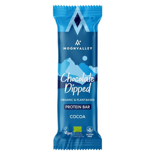 A single Moonvalley Chocolate-Dipped Cocoa protein bar.