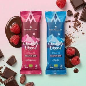 Both Chocolate-Dipped Cocoa and Raspberry organic protein bars together.