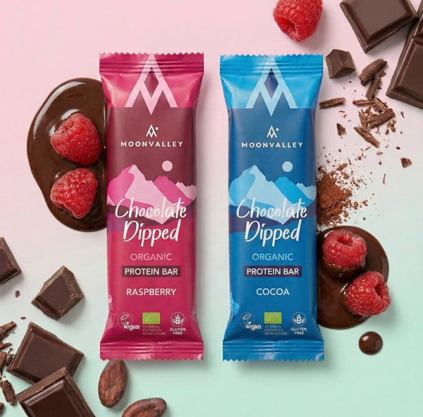 Both Chocolate-Dipped Cocoa and Raspberry organic protein bars together.