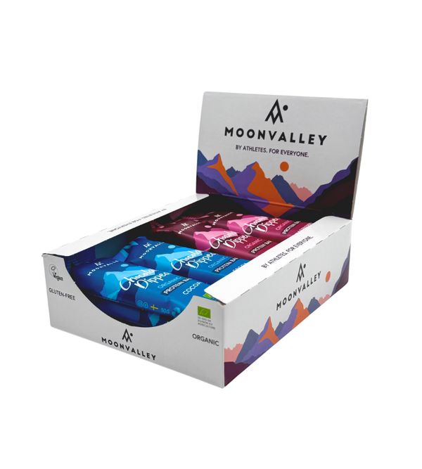 Display box containing 12-pack of assorted Chocolate-Dipped protein bars.