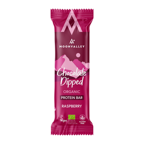 A single Moonvalley Chocolate-Dipped Raspberry protein bar.
