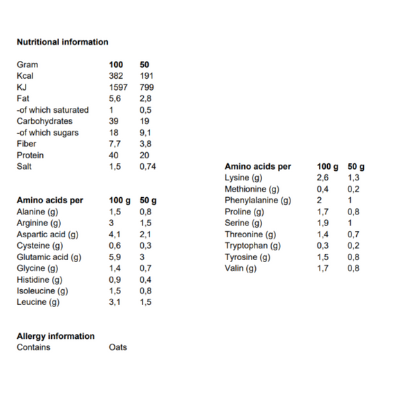 Nutritional facts and ingredient information for Moonvalley Protein Blend.