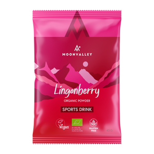 Moonvalley organic sports drink with lingonberry, 12-pack.