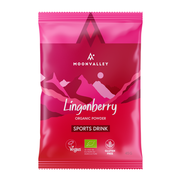 Moonvalley organic sports drink with lingonberry, 12-pack.
