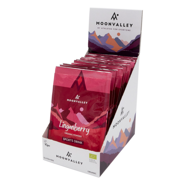 Display box containing 12 sachets of Moonvalley Lingonberry Sports Drink.