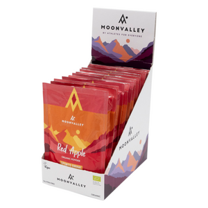 Display box containing 12 sachets of Moonvalley Red Apple Sports Drink.